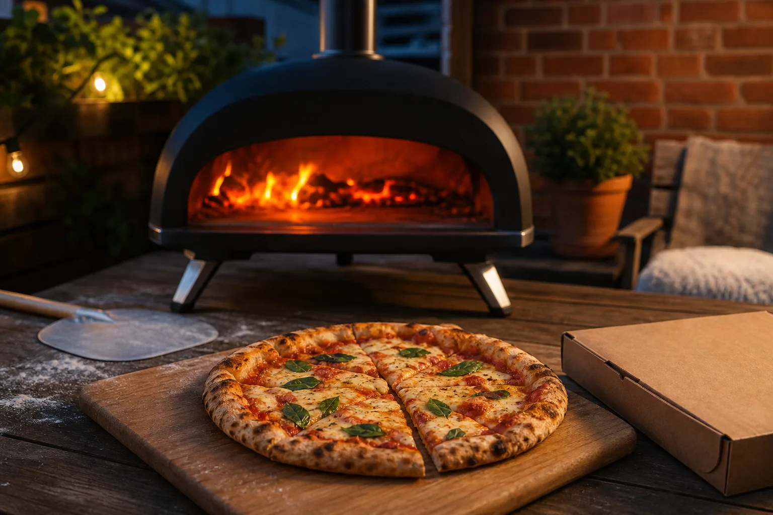 Hemmagjord pizza på en skärbräda bredvid en tom hämtpizzakartong