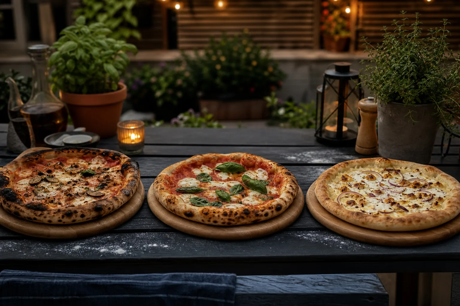 Tre nygräddade pizzor med olika gräddningskaraktär uppställda för jämförelse på ett uteplatsbord