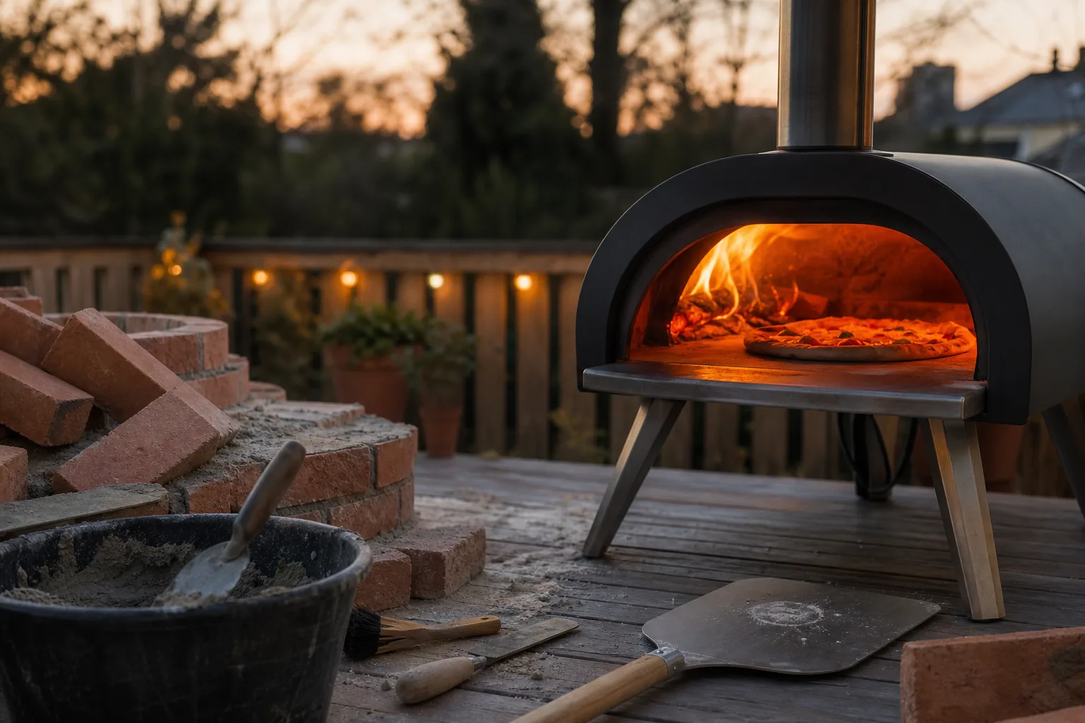 Tegel och murverktyg för en byggprojekt bredvid en färdig köpt pizzaugn i trädgården