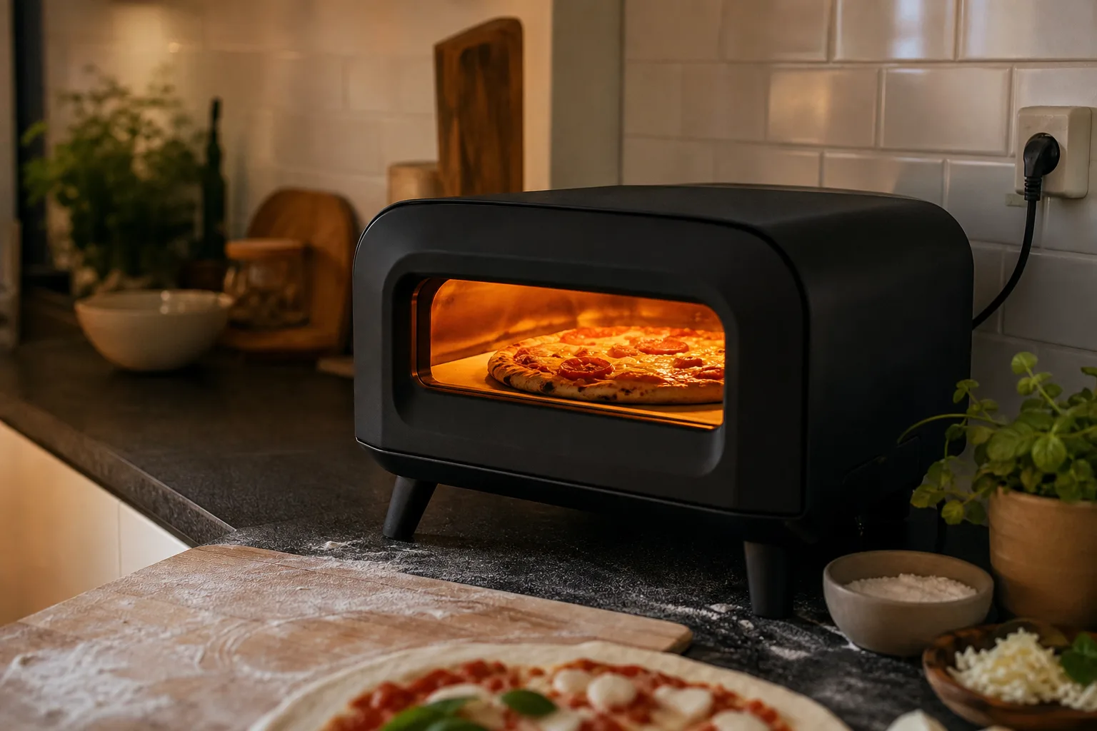 Elektrisk pizzaugn på en köksbänk med en pizza synlig genom luckan
