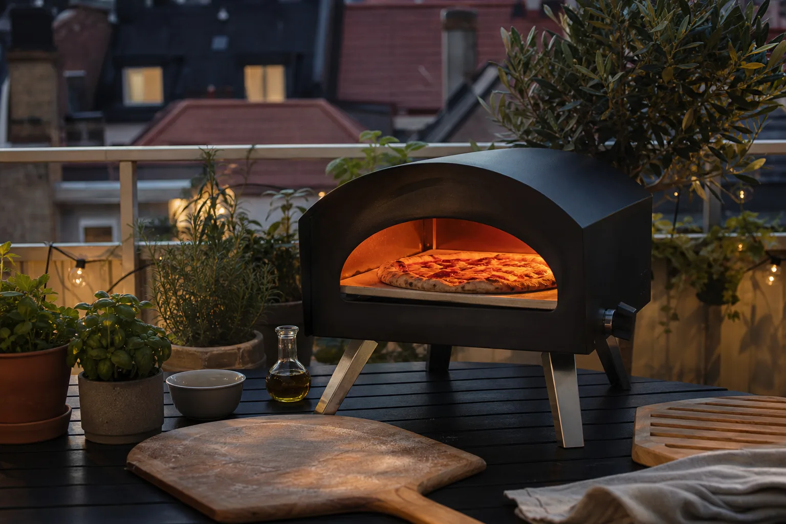 Liten kompakt pizzaugn på ett balkongbord med hustak i bakgrunden