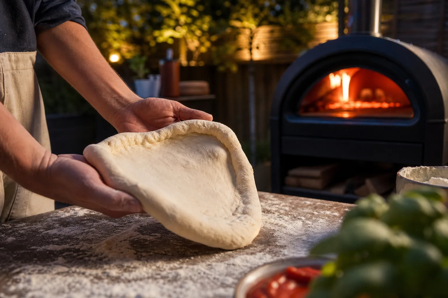 Hand som sträcker ut napolitansk pizzadeg för hand på ett mjölat bord