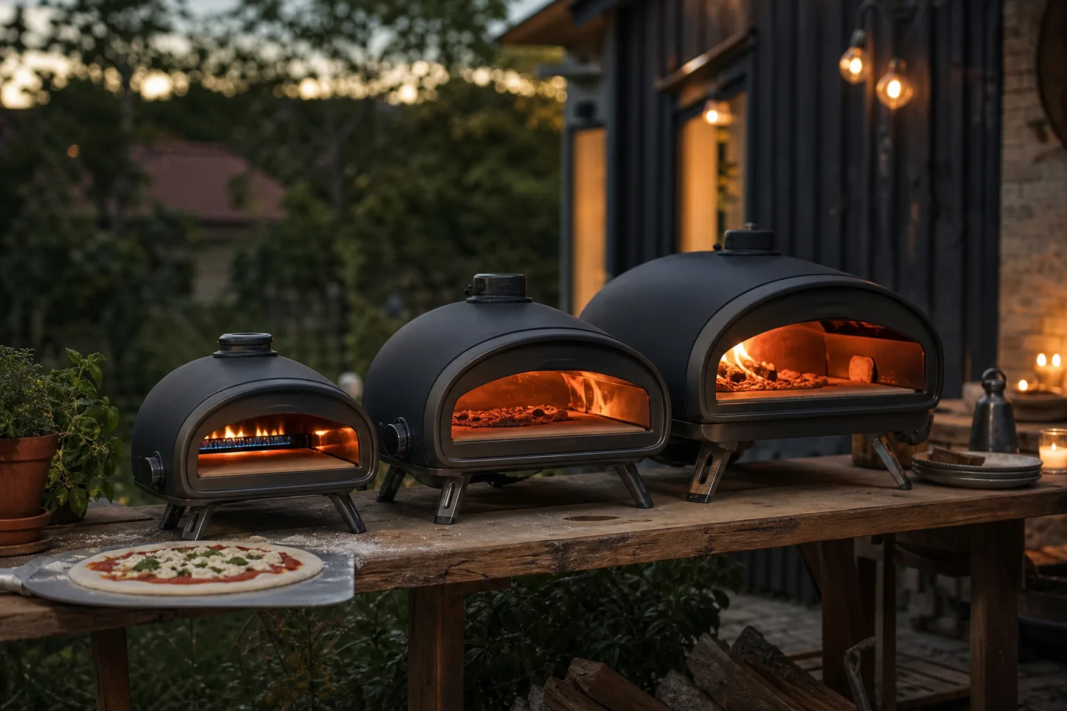 Tre ovala pizzaugnar i olika storlekar uppradade på en trädgårdsbänk