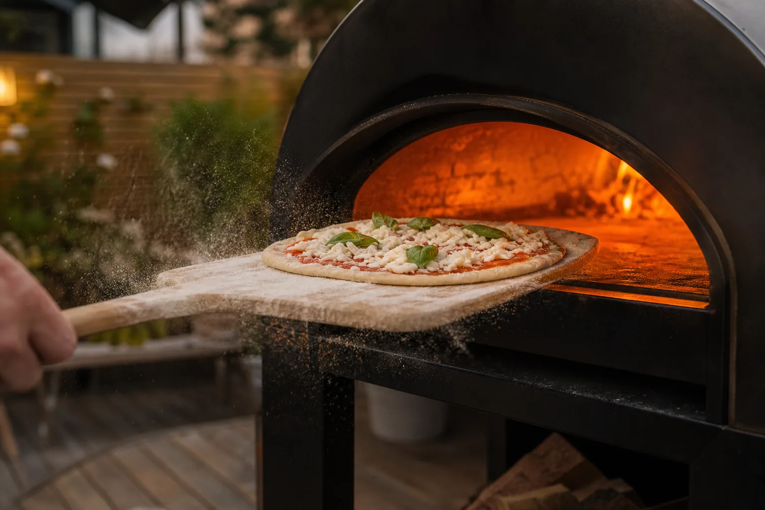 Hand som skjuter in en rå pizza på en träspade i en glödande pizzaugn