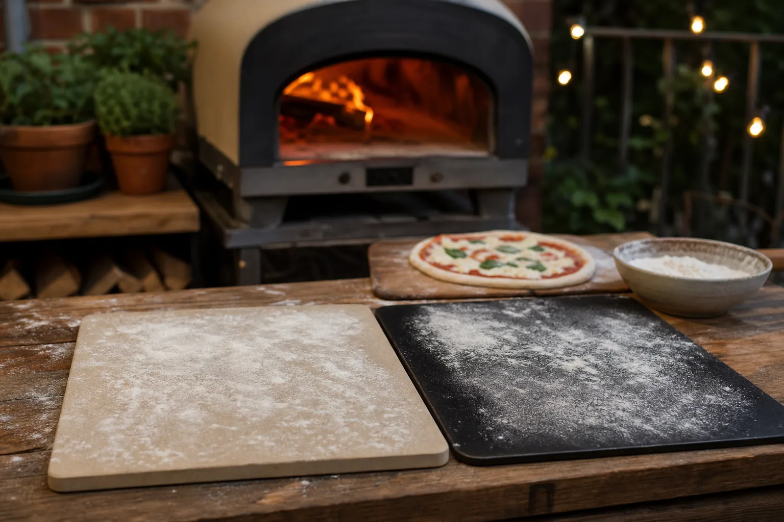 Pizzasten och kolstålsplatta sida vid sida på ett köksbord
