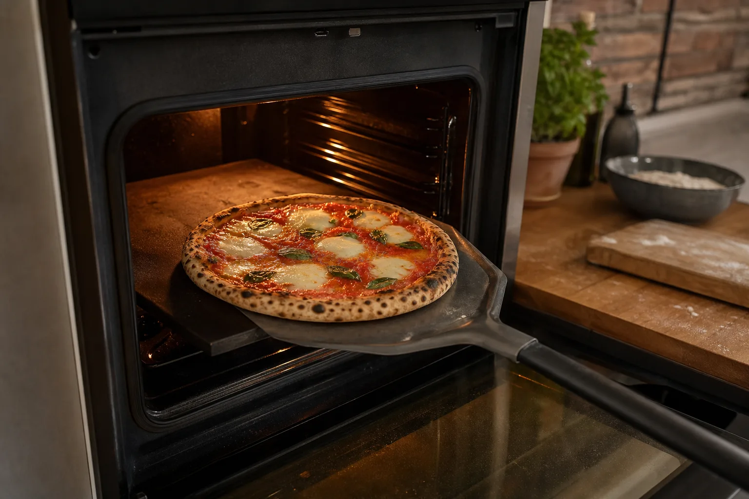 Kolstålsplatta i en öppen köksugn med en pizza som lyfts av med en spade