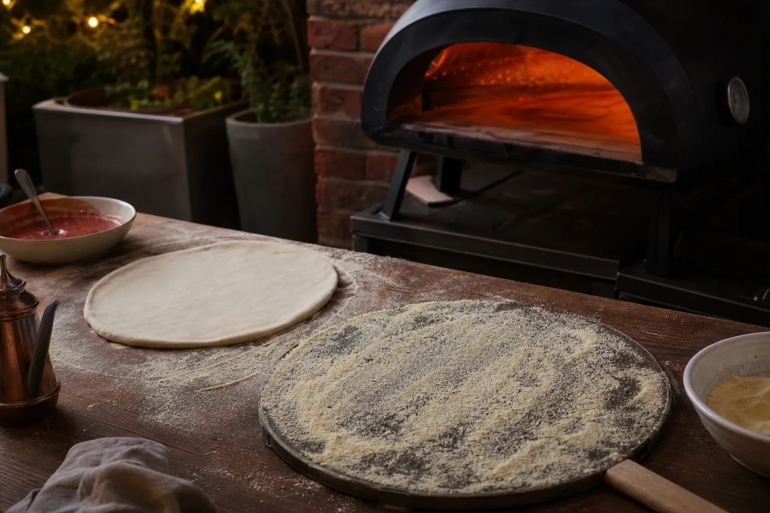 Mjölad pizzasten på ett träbord bredvid en utkavlad rå pizzadeg