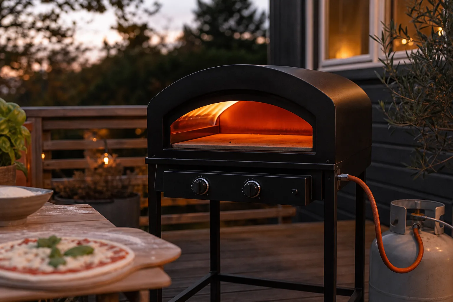 Gasoldriven pizzaugn med synliga reglage på en uteplats i skymning