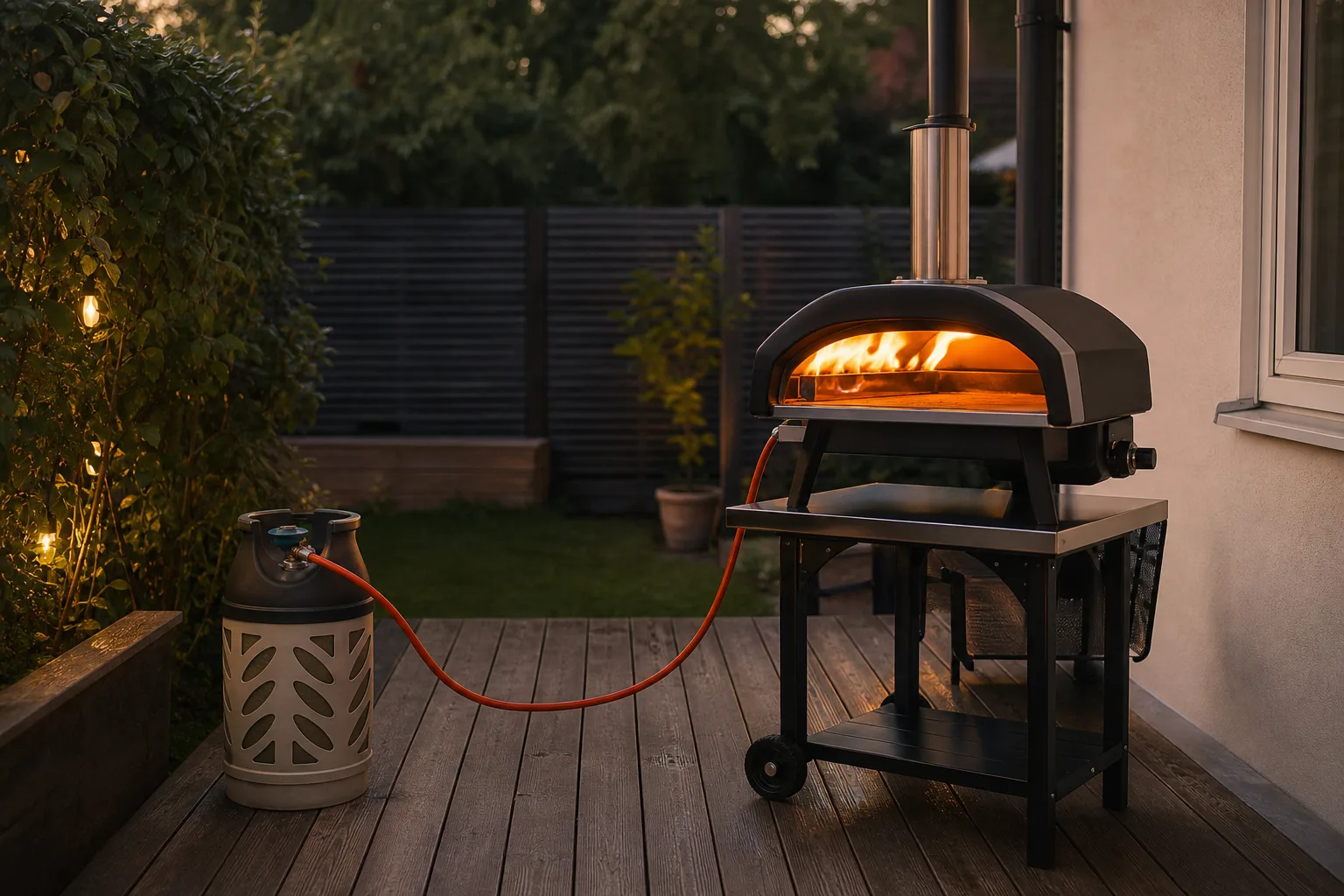 Gasoltub placerad på säkert avstånd från husfasaden bredvid en gasoldriven pizzaugn utomhus
