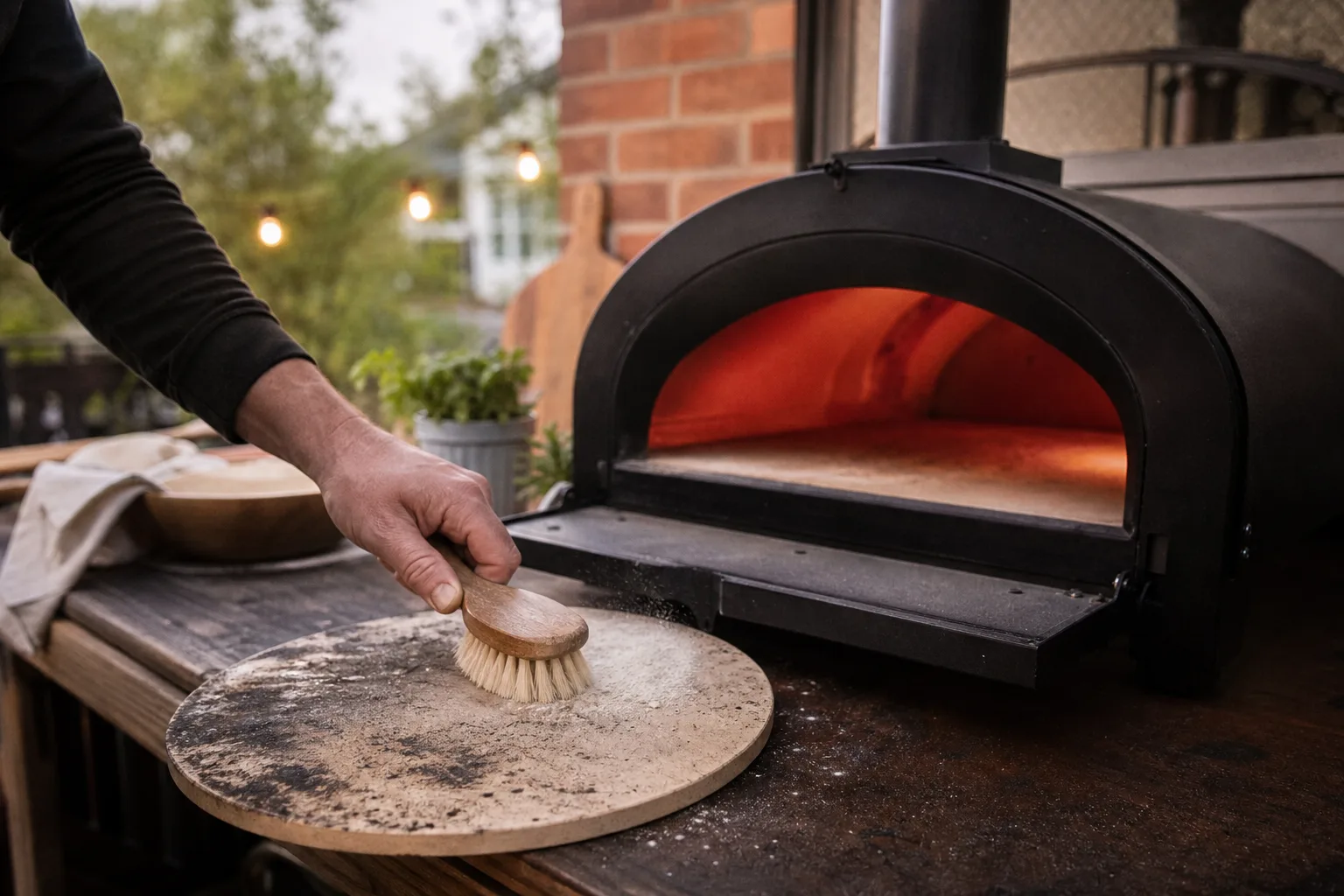 Hand som borstar bort mjöl och sot från en kall pizzasten med en rundborste