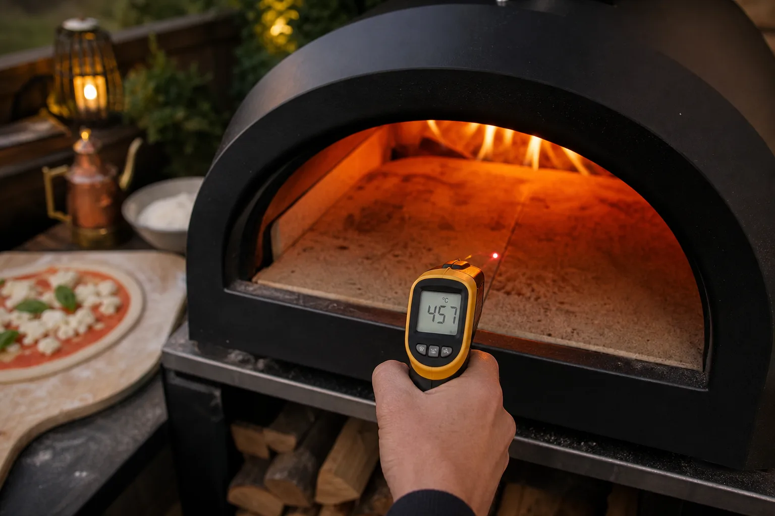 Infraröd termometer som mäter temperaturen på pizzastenens yta i en ugn