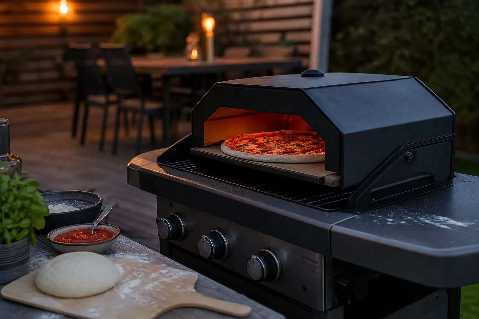 Pizzaugnstillsats med pizzasten monterad ovanpå en gasolgrill på en uteplats