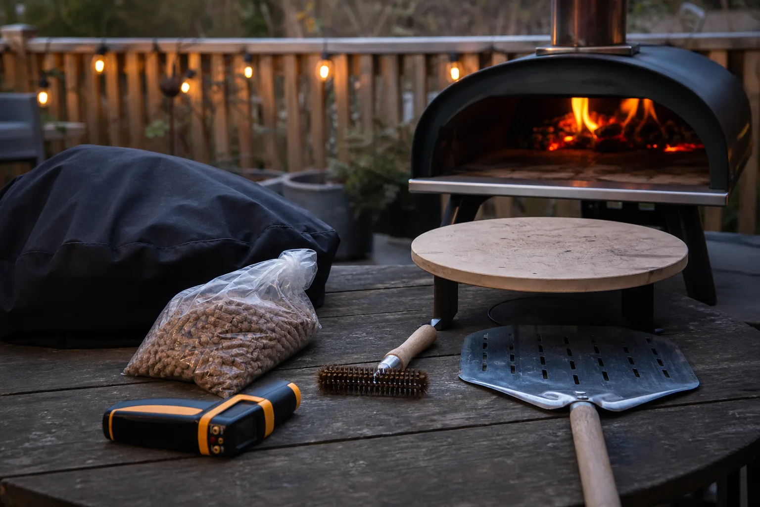 Pizzaugnstillbehör som termometer, borste, skyddsöverdrag och pellets utlagda på ett bord